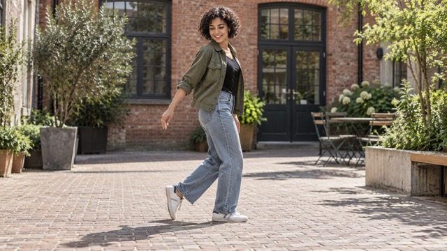 Mulher de jaqueta verde, jeans e sapatos brancos, de perfil em um pátio com piso de tijolos, com um calcanhar elevado e o outro pé apoiado no chão.
