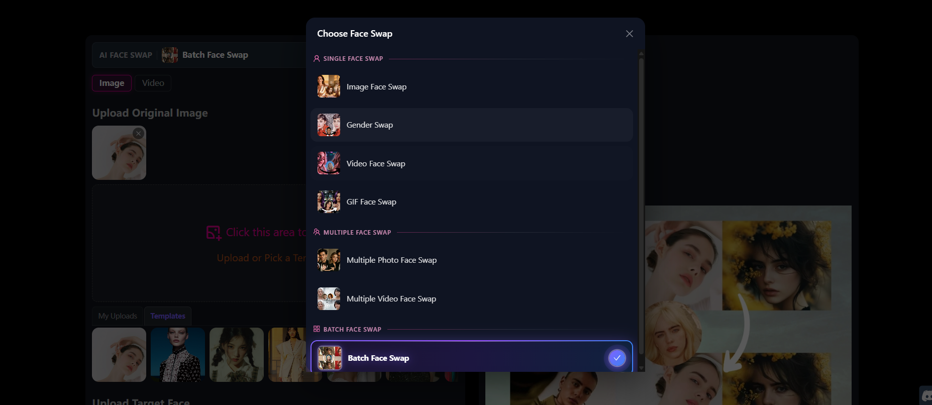 Interface com opções de face swap em imagem, vídeo, GIF e lote