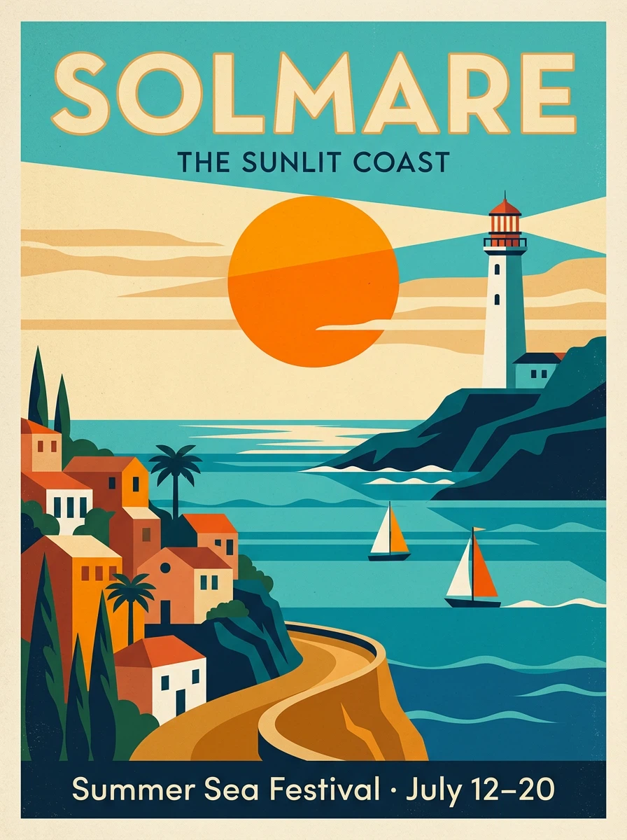 Um cartaz de viagem ilustrado com farol, veleiros e hierarquia de texto.