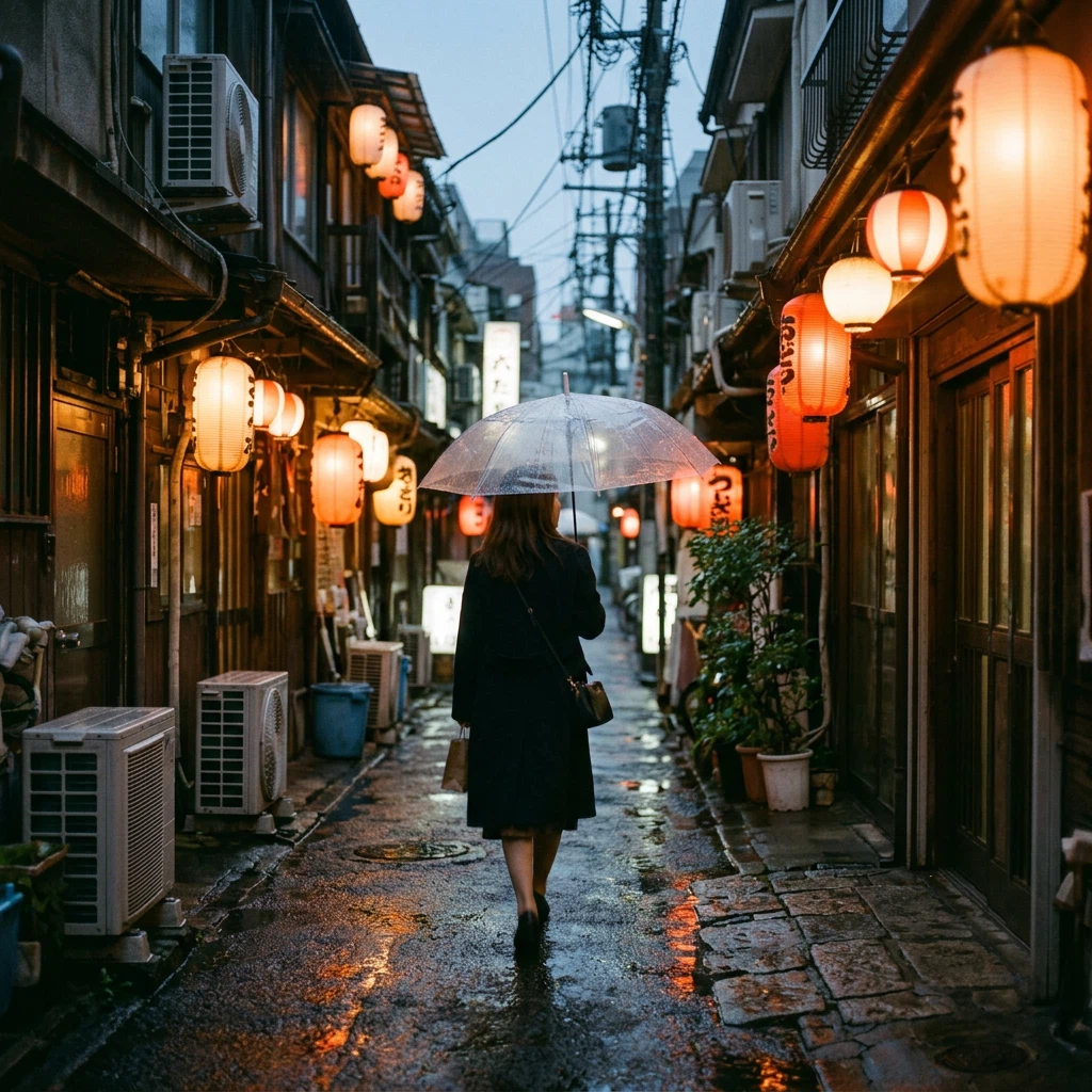 Uma mulher com guarda-chuva transparente em uma rua chuvosa iluminada por lanternas.