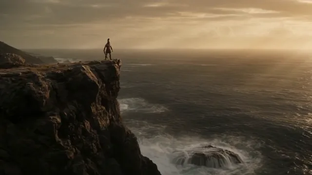 Guerreiro em um penhasco sobre o mar ao pôr do sol.