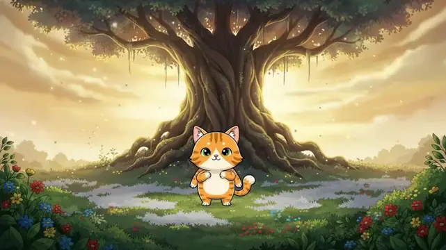 Gatinho de desenho diante de uma árvore grande.